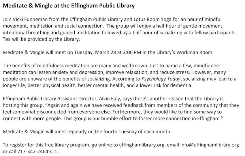 Meditate Mingle at the Effingham Public Library 850
