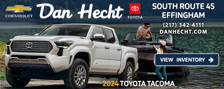 Dan Hecht Chevrolet Toyota on South Route 45 in Effingham, Illinois. Call us at 2 1 7 3 4 2 4 1 1 1 or view inventory at dan hecht dot com. Come see the new 2024 Toyota Tacoma.